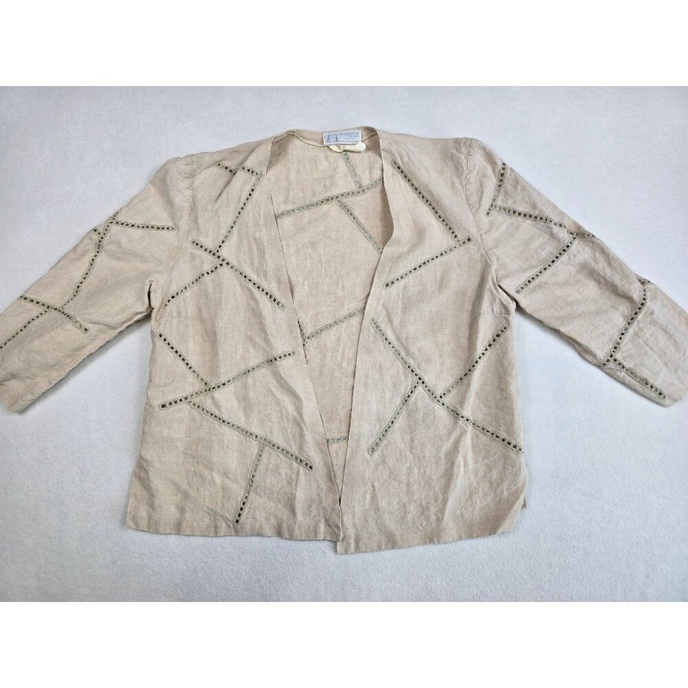 Embroidered Beige Linen Open Front Cardigan Jacket Geometric Cut-Out Detail M
